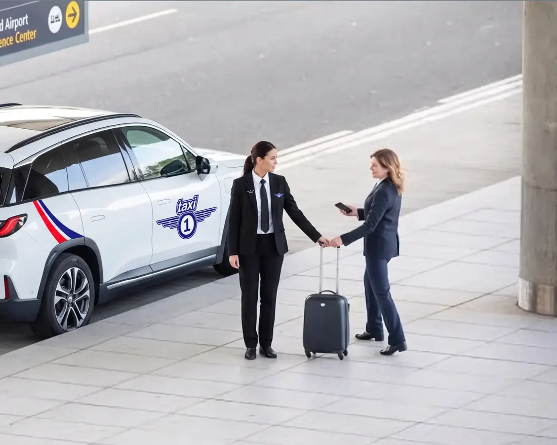 Taxi 1-drosje utenfor ankomsthallen på Bergen lufthavn Flesland
